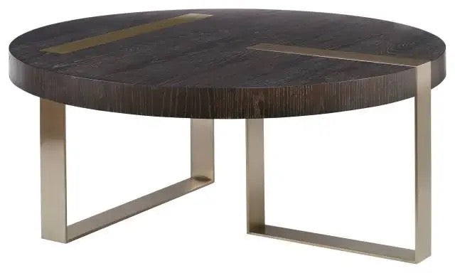 Round white oak coffee table complemented with metal accents.