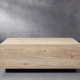 Detailed view of an oak wooden rustic coffee table with a robust design