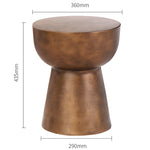 Dimensional view of a stylish brass end table with a polished finish